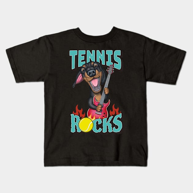 Funny and cute doxie Tennis Rocks dachshund rock and roll guitar Kids T-Shirt by Danny Gordon Art